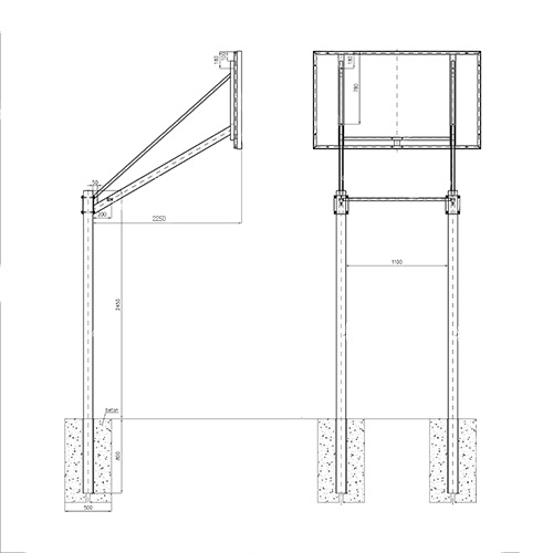 Two-post basketball basket, 225 cm reach, 180x105 backboard, rim, net