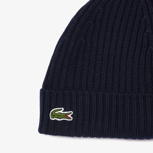 Czapka zimowa wełniana Lacoste Ribbed Wool Beanie Granatowa - RB0001-166